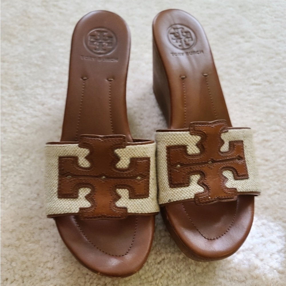 ✨Tory Burch “Terri” brown/tan wedge platform heel sandals/slides, size 7✨
